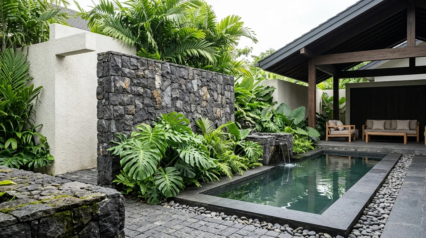 Black lava stone design benefits tropical context