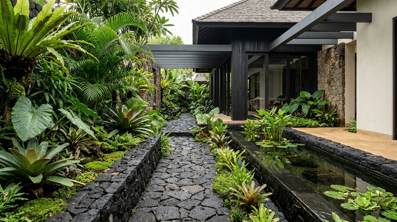 Black lava stone garden applications tropical context