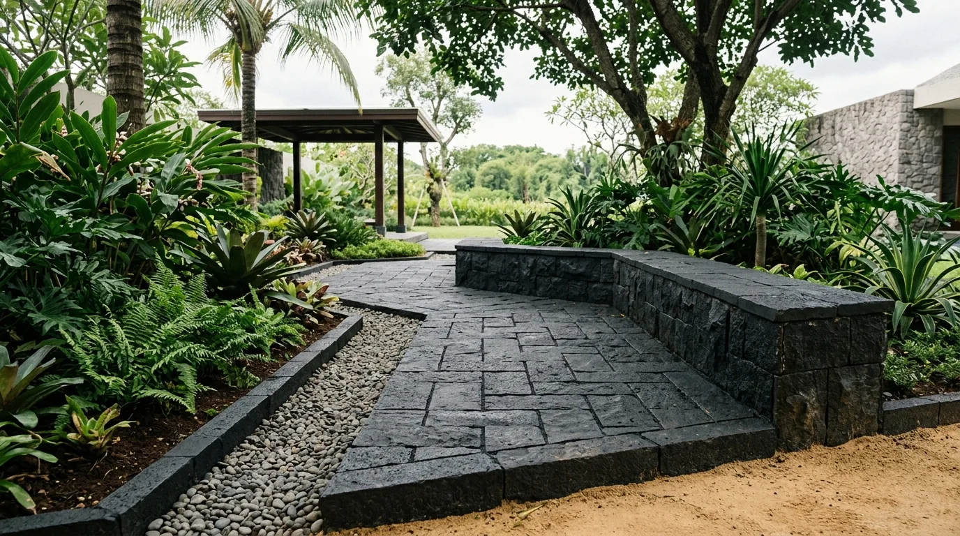 Black lava stone landscaping application detail