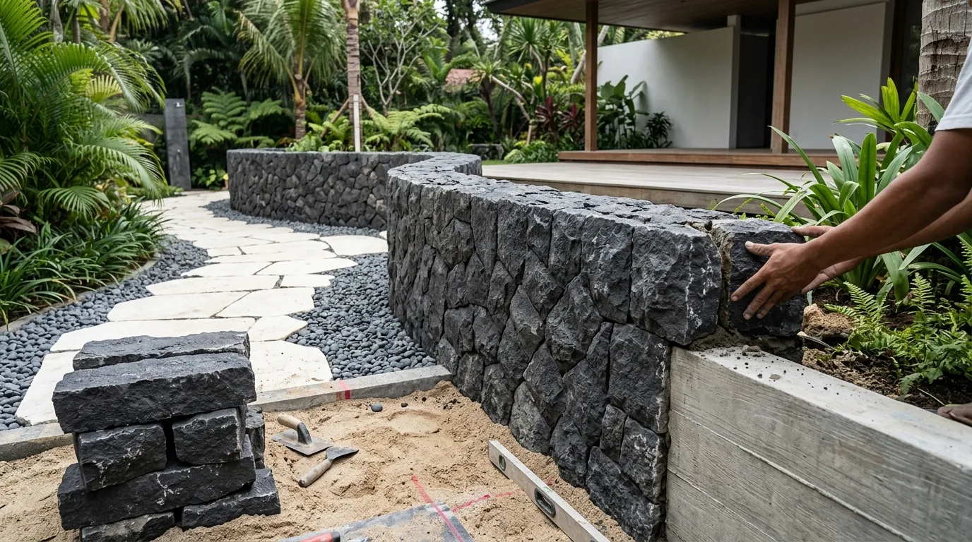 Black lava stone landscaping project detail