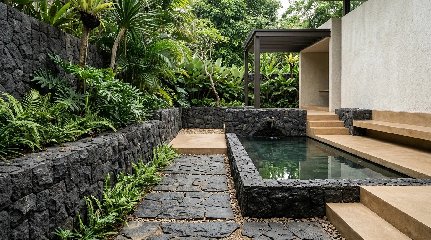 Black lava stone landscaping tropical context