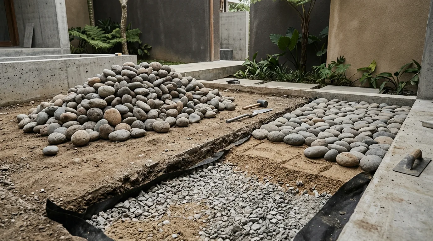 Large pebble landscape features project preparation