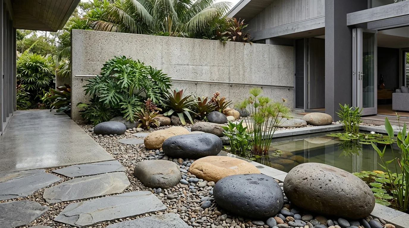 Large pebble landscape features tropical setting