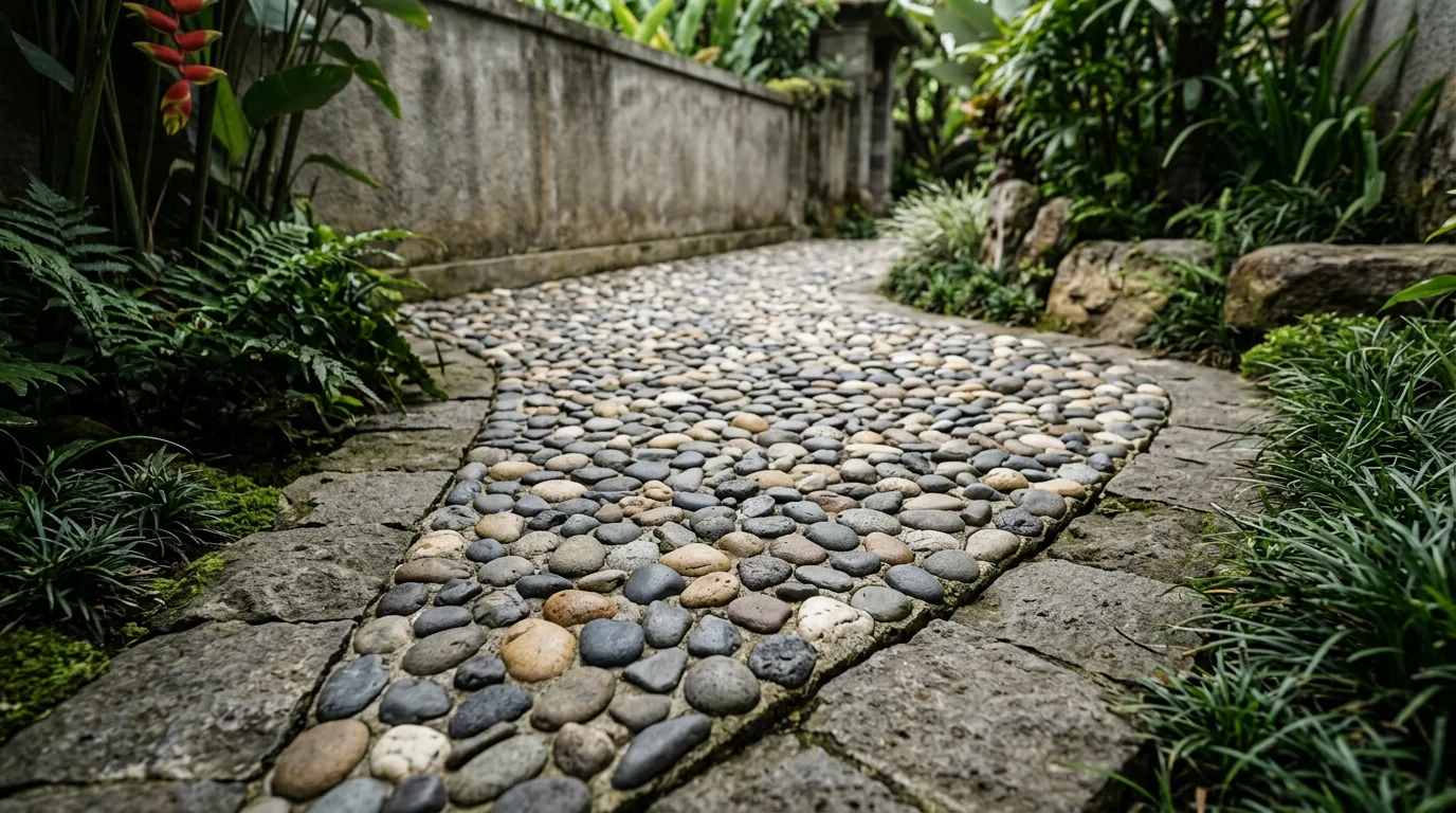 Mixed pebble stone surfaces application detail