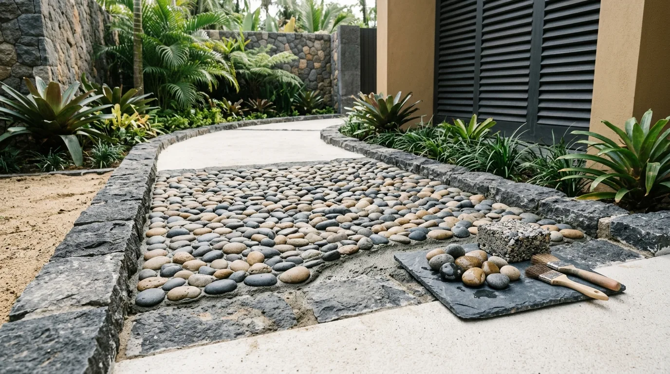 Mixed pebble stone surfaces material sample