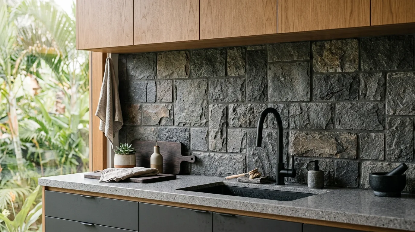 Natural stone backsplash design detail