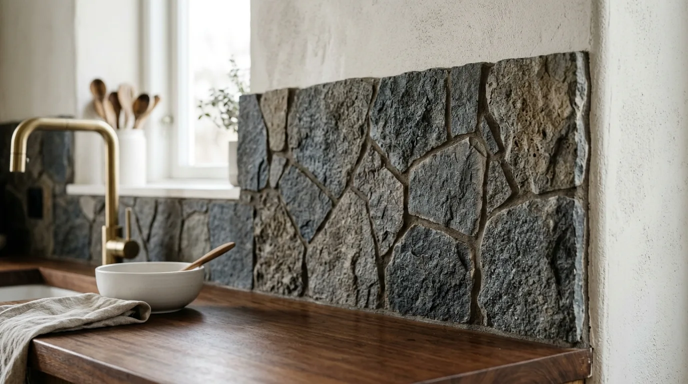Natural stone backsplash ideas closeup