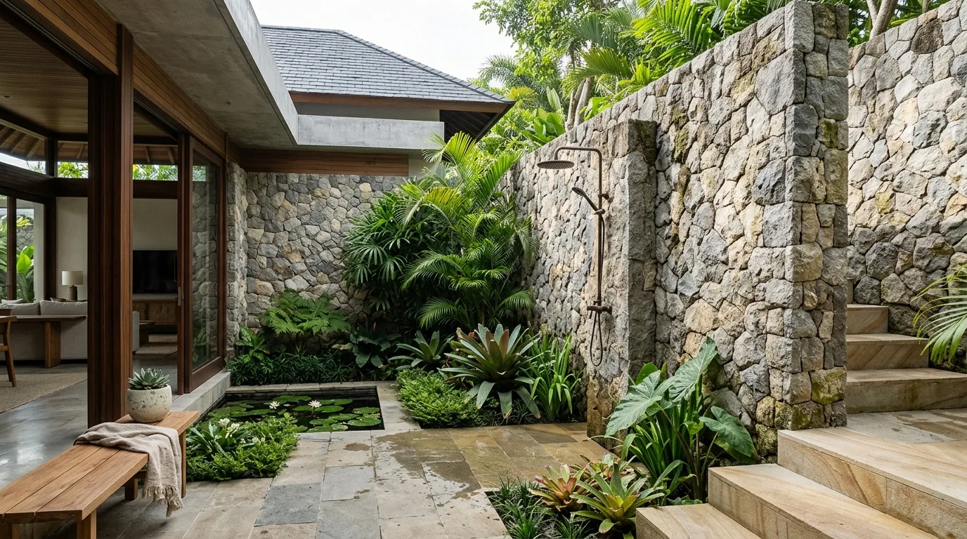 Natural stone outdoor shower application