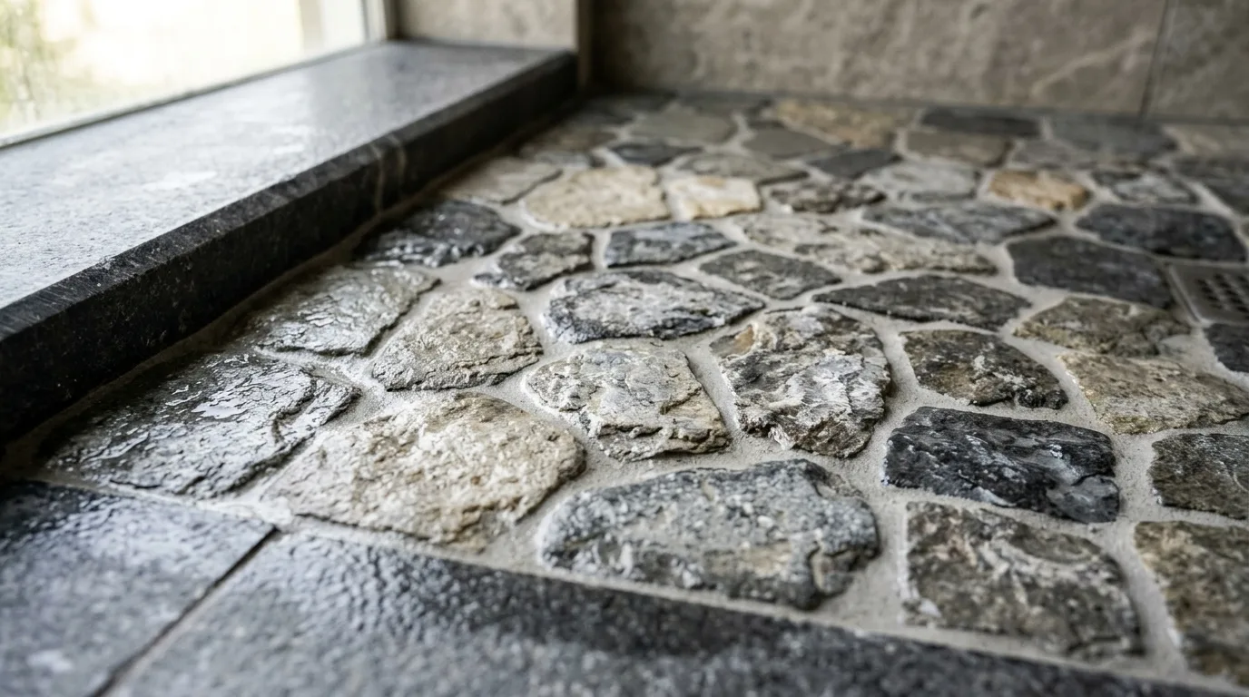 Natural stone shower floor closeup