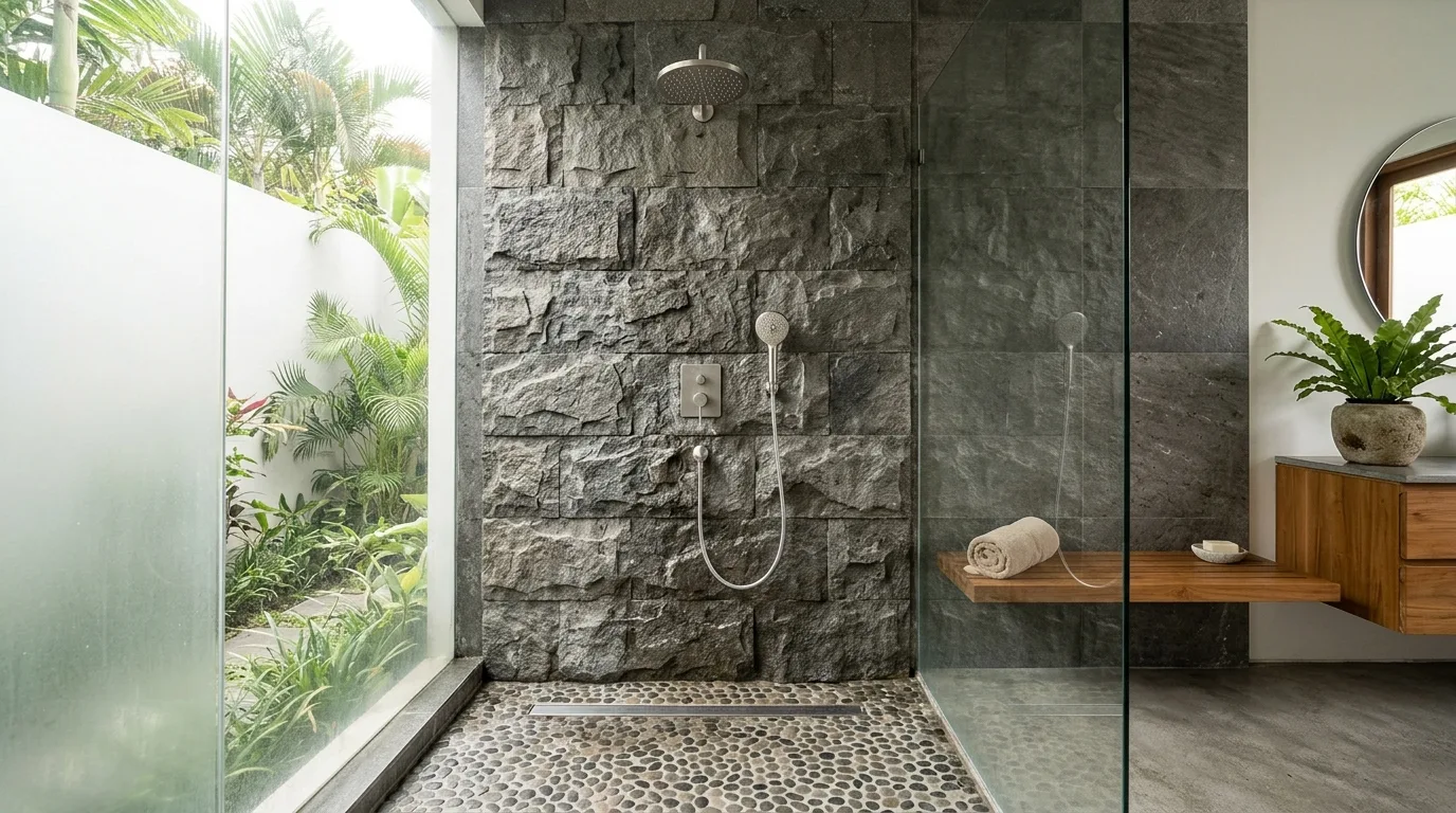 Natural stone shower wall application