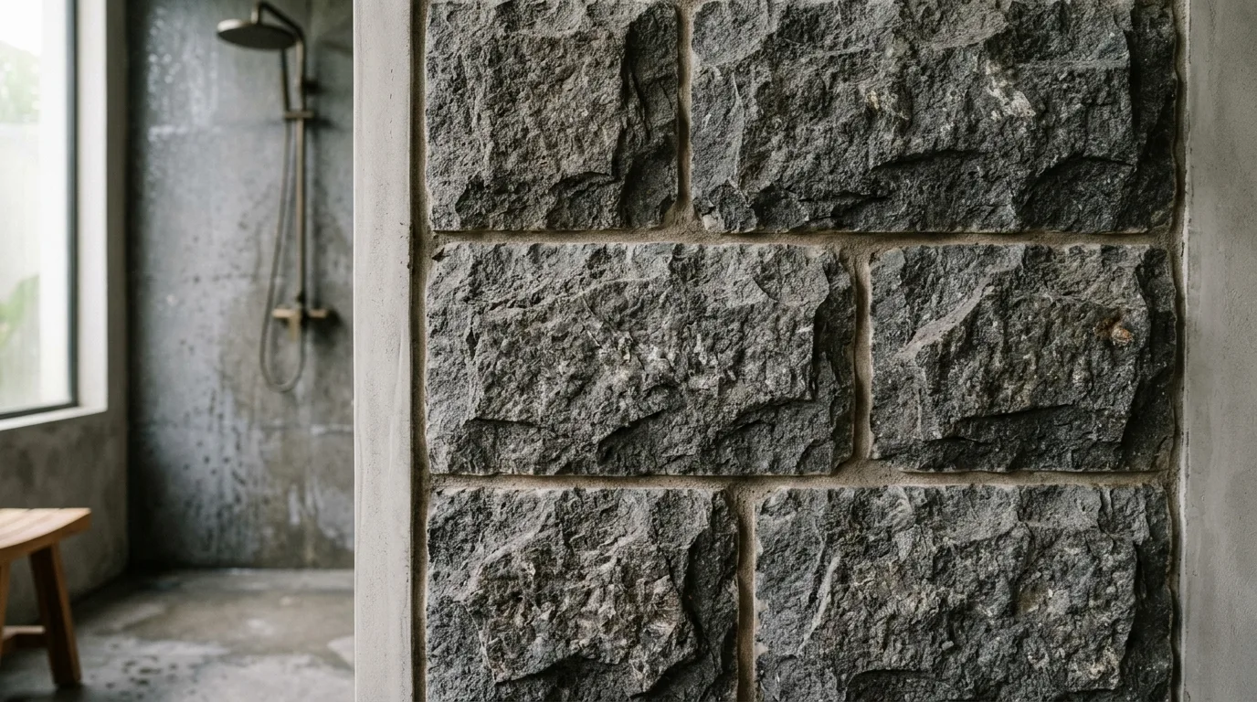 Natural stone shower wall closeup