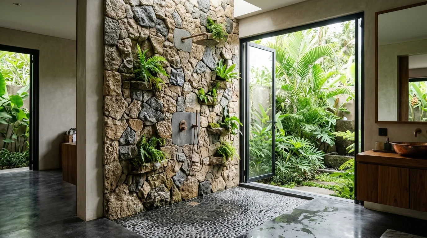Natural stone shower wall design