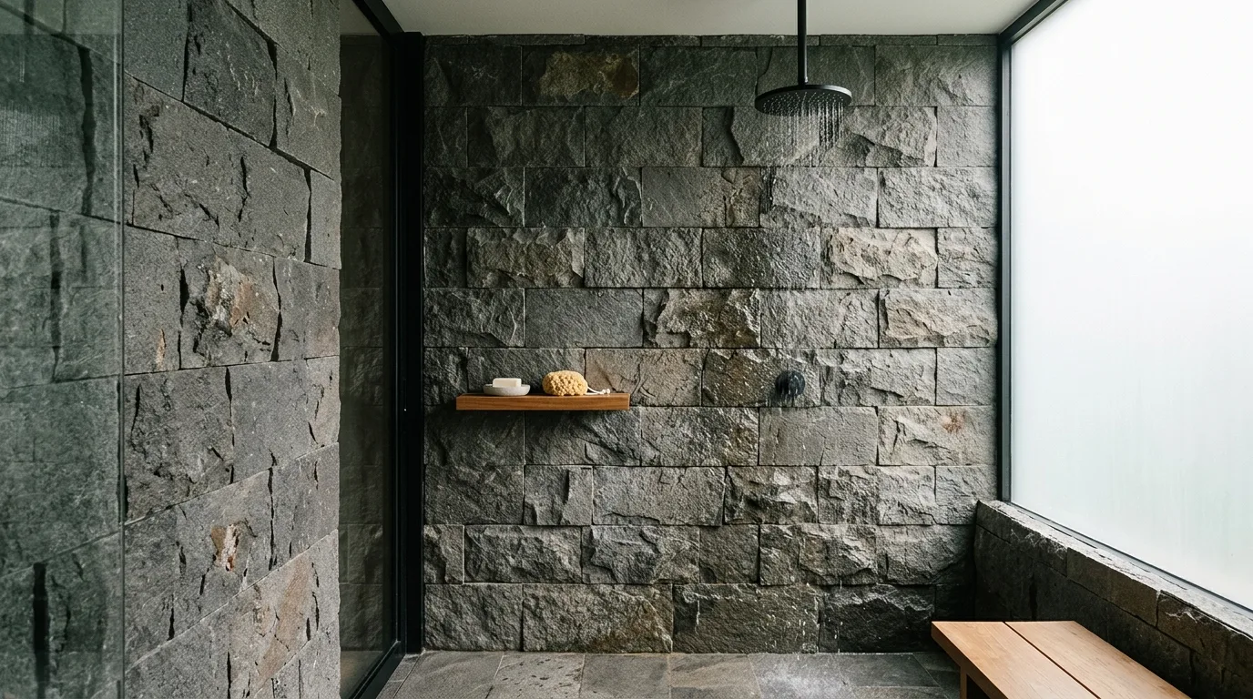 Natural stone shower wall detail