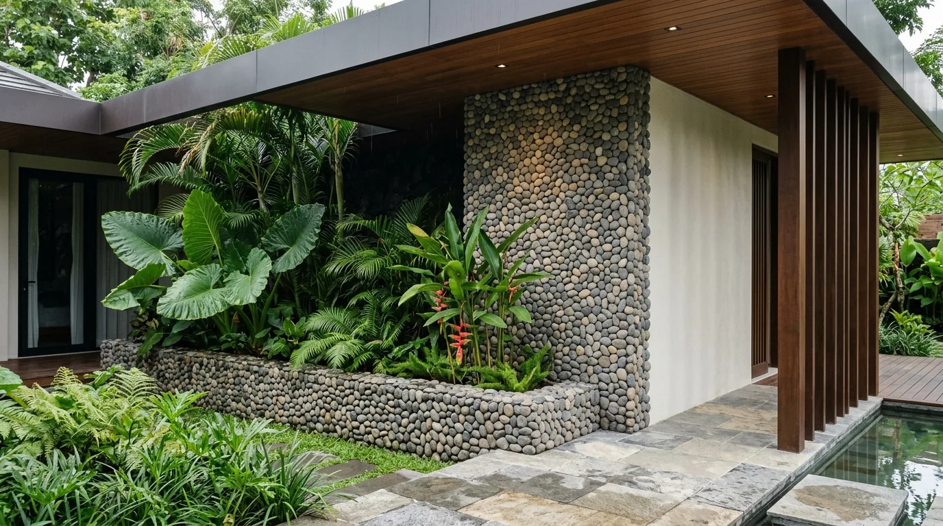 Pebble stone veneer tropical setting