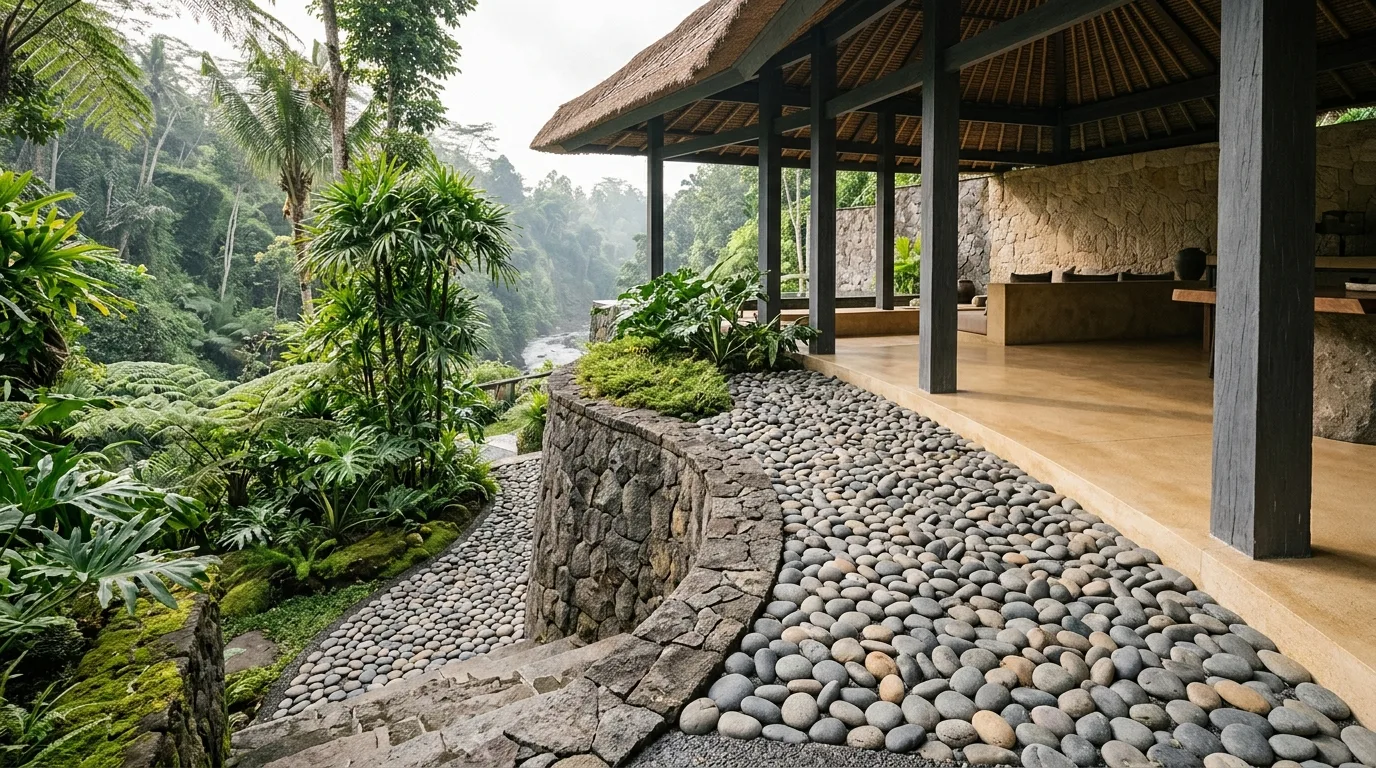 River pebble landscape design tropical setting