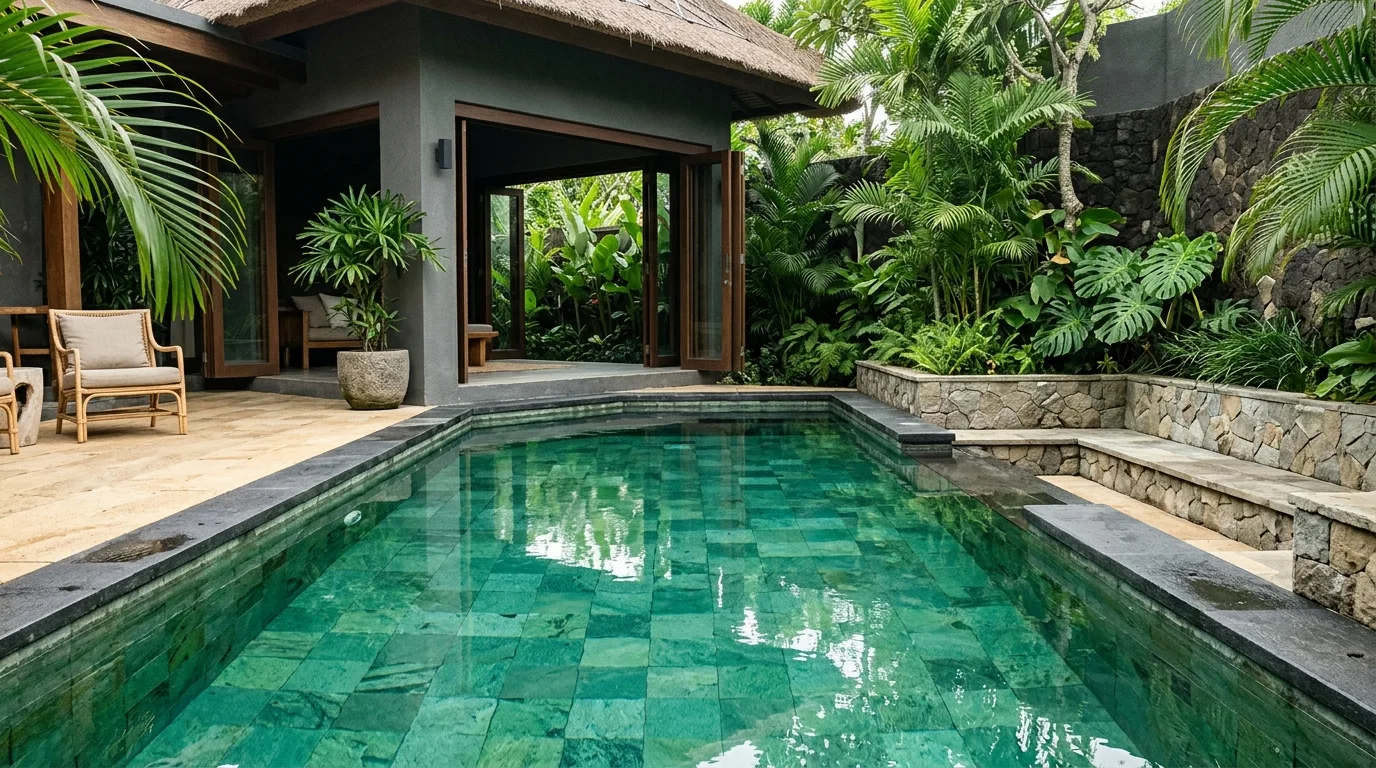Sukabumi green stone pool design finished project