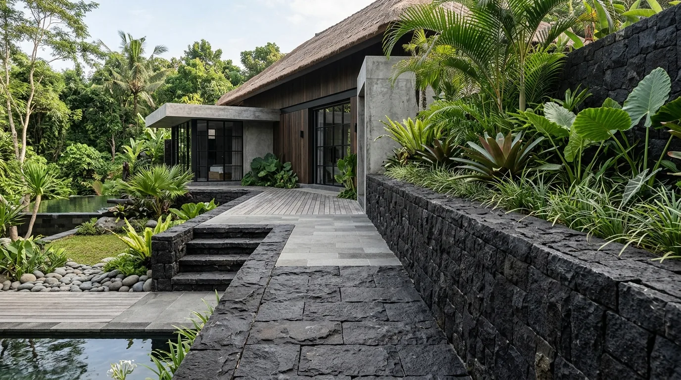Black lava stone landscaping hero