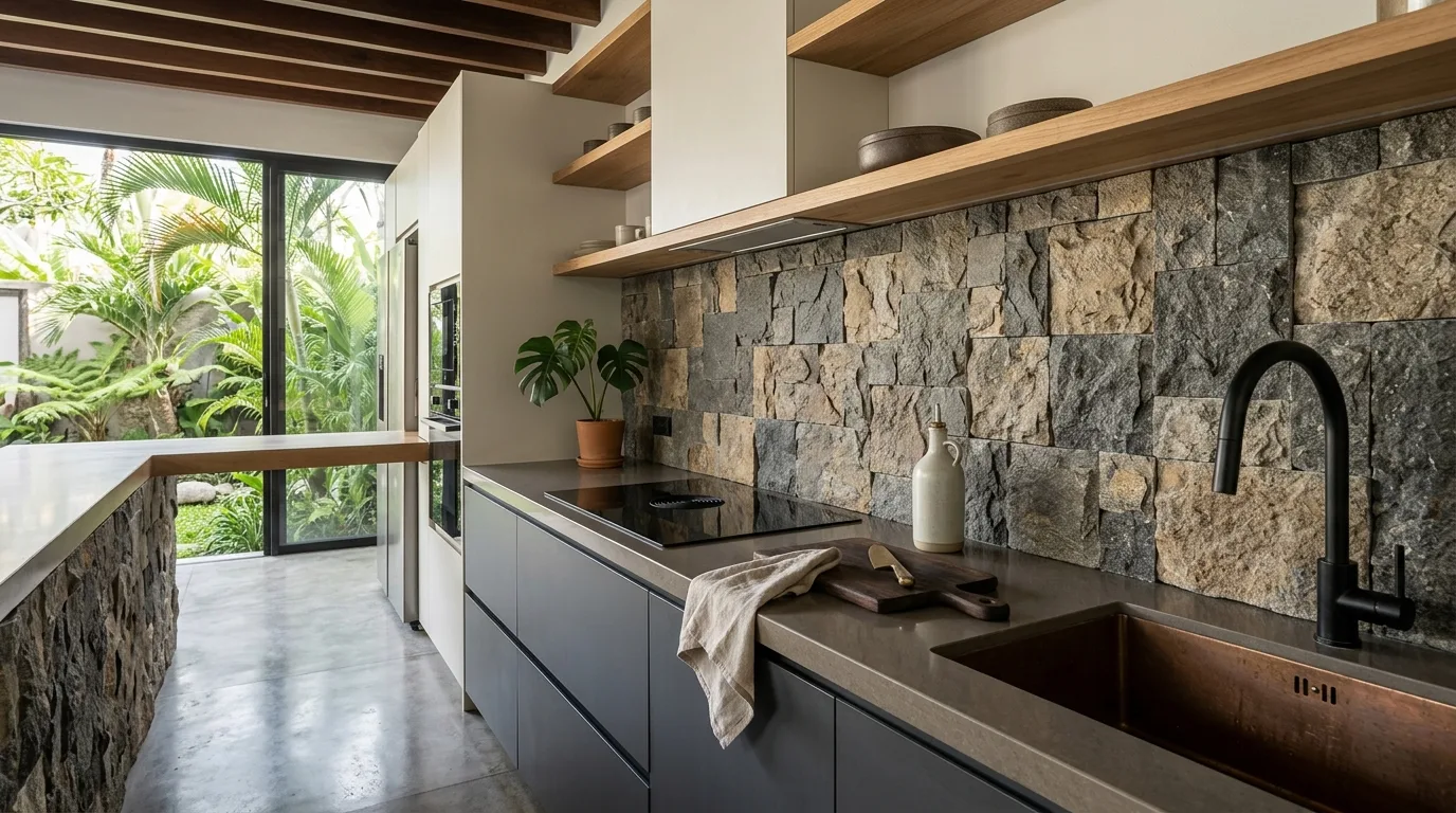Natural stone backsplash design featured
