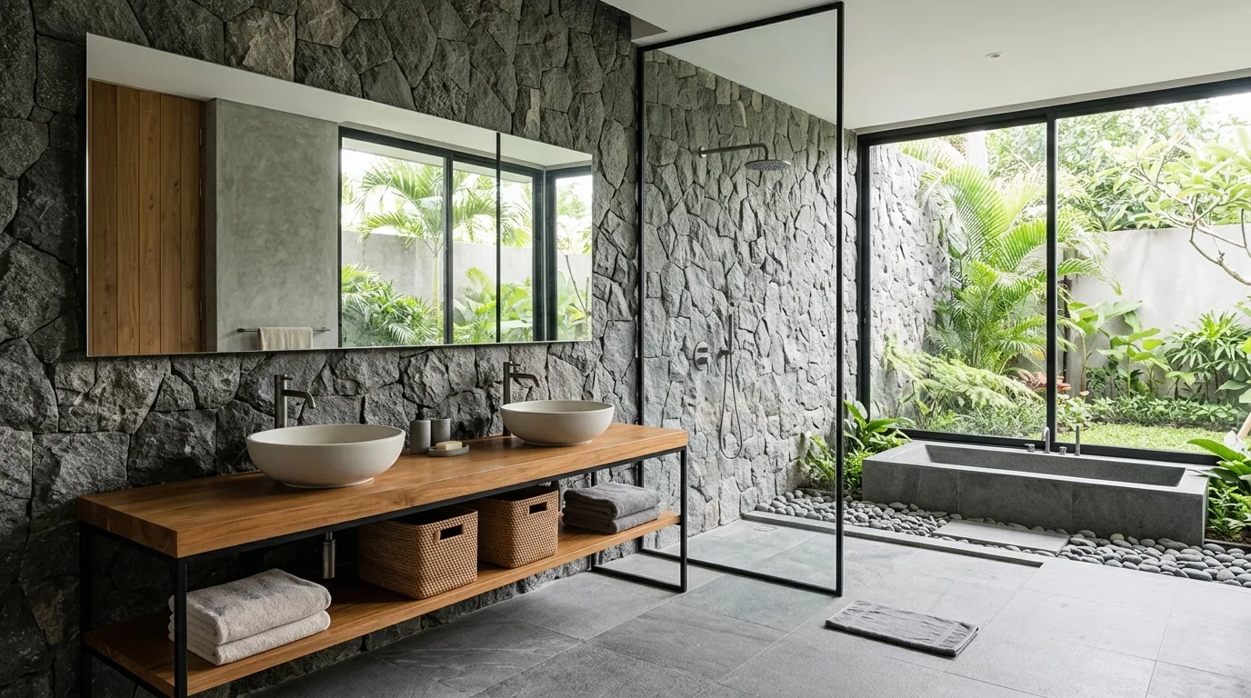 Natural stone bathroom design featured