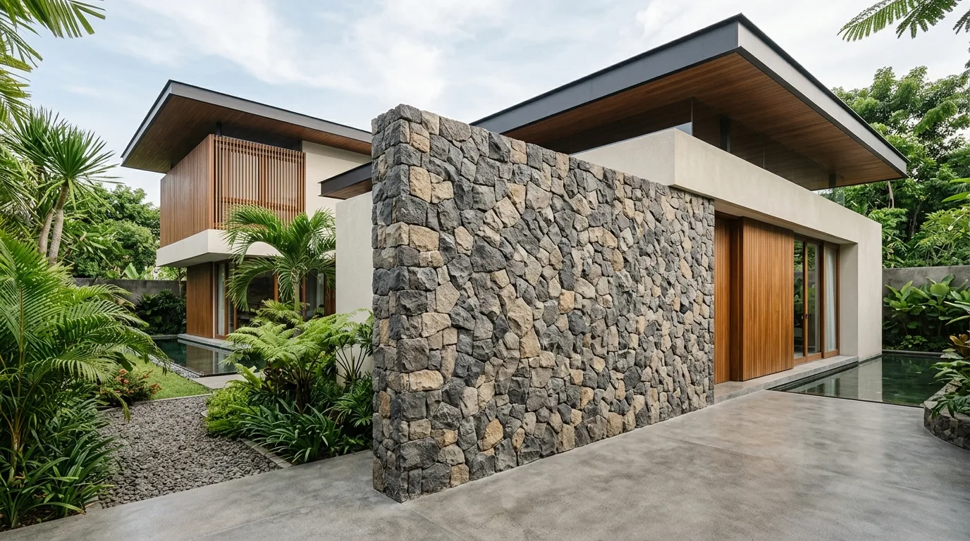 Natural stone exterior walls featured