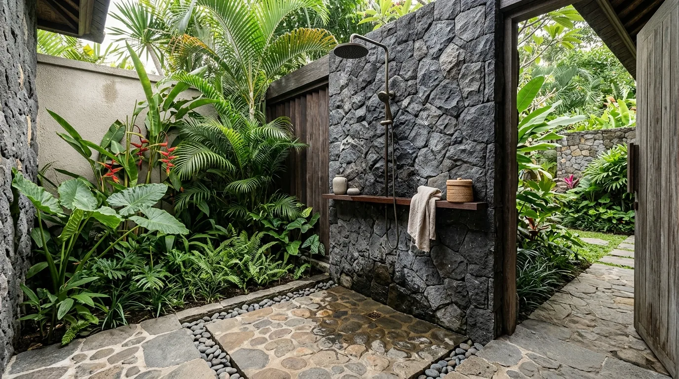 Natural stone outdoor shower featured