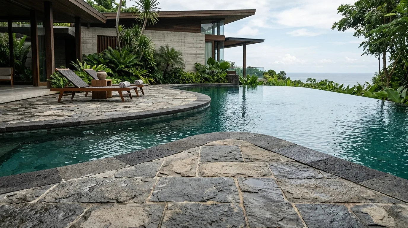 Natural stone pool deck featured