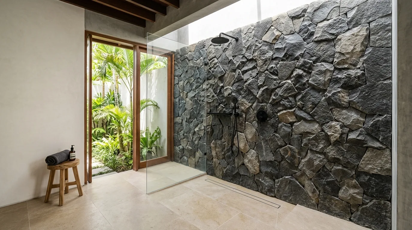 Natural stone shower wall featured
